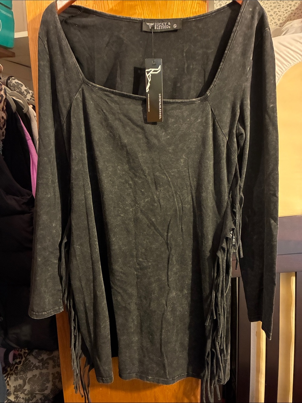 Black Acid Wash Long-Sleeve Fringe Tunic Dress by Angel Forever